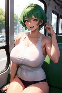 anime,muscular,huge boobs,30s age,laughing face,green hair,pixie hair style,light skin,warm anime,bus,front view,eating,teacher