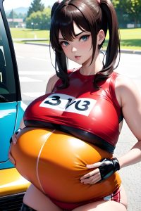anime,pregnant,huge boobs,30s age,serious face,brunette,pigtails hair style,light skin,film photo,car,close-up view,working out,latex