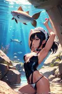 anime,muscular,small tits,60s age,seductive face,black hair,straight hair style,light skin,crisp anime,underwater,side view,gaming,maid