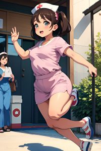 anime,chubby,small tits,50s age,shocked face,brunette,pixie hair style,dark skin,illustration,oasis,front view,jumping,nurse
