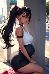 anime,pregnant,small tits,80s age,seductive face,black hair,pigtails hair style,dark skin,cyberpunk,street,side view,straddling,schoolgirl