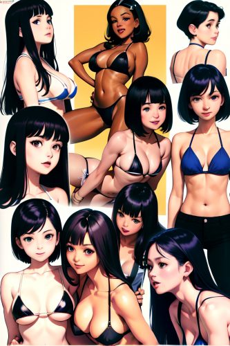 anime,busty,small tits,50s age,happy face,black hair,straight hair style,dark skin,film photo,stage,side view,spreading legs,bikini