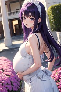 anime,pregnant,small tits,20s age,happy face,purple hair,bangs hair style,light skin,black and white,yacht,back view,t-pose,maid