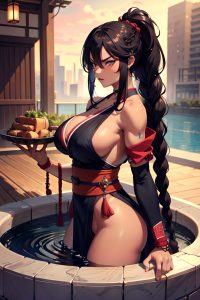 anime,muscular,huge boobs,18 age,angry face,brunette,braided hair style,dark skin,cyberpunk,hot tub,side view,eating,kimono