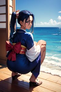 anime,busty,small tits,60s age,sad face,blue hair,slicked hair style,dark skin,film photo,couch,back view,squatting,kimono
