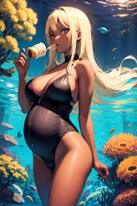 anime,pregnant,small tits,40s age,serious face,blonde,straight hair style,dark skin,painting,underwater,front view,eating,goth