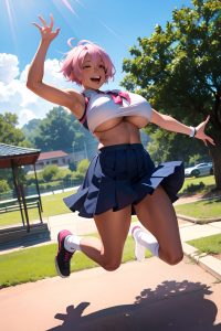 anime,skinny,huge boobs,30s age,laughing face,pink hair,pixie hair style,dark skin,warm anime,stage,front view,jumping,schoolgirl