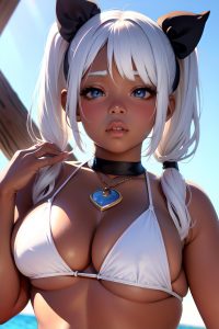 anime,chubby,small tits,80s age,pouting lips face,white hair,pigtails hair style,dark skin,dark fantasy,party,close-up view,plank,bikini