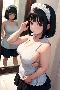 anime,chubby,small tits,20s age,serious face,black hair,bangs hair style,light skin,mirror selfie,pool,side view,yoga,maid
