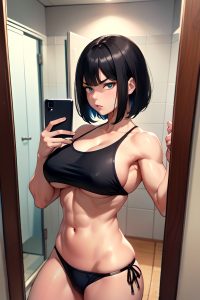anime,muscular,huge boobs,30s age,angry face,black hair,bobcut hair style,light skin,mirror selfie,shower,side view,working out,bikini