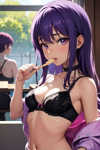 anime,busty,small tits,18 age,orgasm face,purple hair,pixie hair style,dark skin,illustration,club,front view,eating,bra