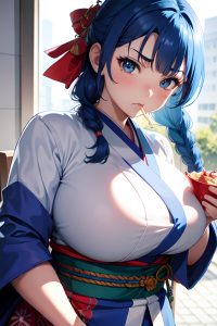 anime,chubby,huge boobs,30s age,angry face,blue hair,braided hair style,light skin,crisp anime,hospital,close-up view,eating,kimono
