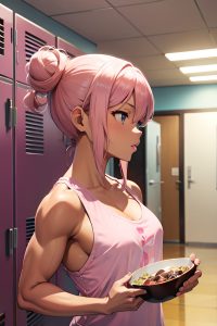 anime,muscular,small tits,30s age,seductive face,pink hair,hair bun hair style,dark skin,illustration,locker room,side view,eating,pajamas