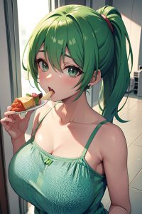 anime,pregnant,small tits,30s age,orgasm face,green hair,ponytail hair style,light skin,comic,hospital,front view,eating,bra