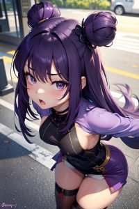 anime,muscular,small tits,20s age,shocked face,purple hair,bangs hair style,dark skin,charcoal,bus,close-up view,t-pose,geisha