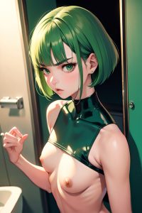 anime,skinny,small tits,60s age,angry face,green hair,bobcut hair style,light skin,cyberpunk,bathroom,close-up view,t-pose,geisha