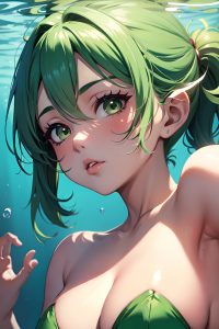 anime,busty,small tits,40s age,pouting lips face,green hair,pixie hair style,dark skin,illustration,underwater,close-up view,straddling,nurse