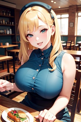 anime,busty,huge boobs,40s age,happy face,blonde,bangs hair style,light skin,vintage,cafe,close-up view,on back,goth