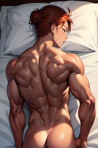 anime,muscular,small tits,80s age,shocked face,ginger,hair bun hair style,dark skin,charcoal,club,back view,sleeping,partially nude