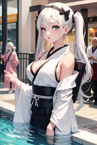 anime,busty,small tits,50s age,shocked face,white hair,pigtails hair style,light skin,black and white,mall,front view,bathing,kimono