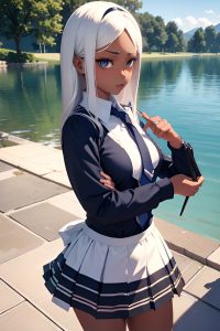 anime,busty,small tits,30s age,sad face,white hair,straight hair style,dark skin,3d,lake,front view,cooking,schoolgirl