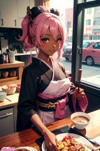 anime,skinny,small tits,18 age,happy face,pink hair,messy hair style,dark skin,film photo,cafe,front view,cooking,geisha