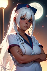 anime,chubby,small tits,80s age,angry face,white hair,straight hair style,dark skin,film photo,moon,close-up view,gaming,nurse