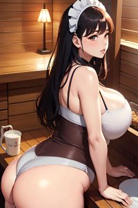anime,pregnant,huge boobs,60s age,seductive face,ginger,bangs hair style,light skin,soft + warm,sauna,back view,cooking,maid