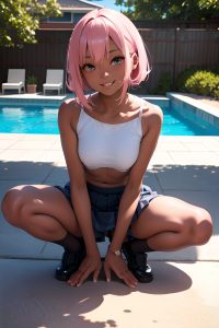 anime,skinny,small tits,20s age,happy face,pink hair,bangs hair style,dark skin,charcoal,pool,front view,spreading legs,schoolgirl