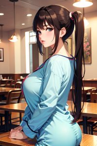 anime,busty,huge boobs,40s age,pouting lips face,brunette,pigtails hair style,light skin,soft + warm,cafe,side view,on back,pajamas
