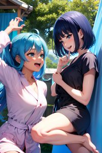 anime,busty,small tits,80s age,laughing face,blue hair,bangs hair style,dark skin,charcoal,tent,side view,jumping,bathrobe
