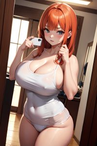 anime,busty,huge boobs,18 age,serious face,ginger,bangs hair style,light skin,mirror selfie,onsen,side view,working out,schoolgirl