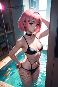 anime,busty,small tits,50s age,seductive face,pink hair,bobcut hair style,light skin,cyberpunk,prison,back view,bathing,fishnet