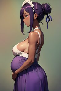 anime,pregnant,small tits,20s age,sad face,purple hair,hair bun hair style,dark skin,skin detail (beta),bar,side view,on back,maid