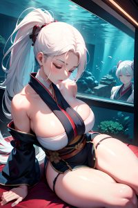 anime,busty,huge boobs,40s age,seductive face,white hair,ponytail hair style,light skin,cyberpunk,underwater,front view,sleeping,kimono