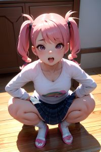 anime,chubby,small tits,30s age,ahegao face,pink hair,pigtails hair style,light skin,3d,couch,close-up view,squatting,mini skirt