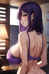 anime,busty,huge boobs,70s age,sad face,purple hair,bangs hair style,dark skin,painting,bar,back view,massage,bra