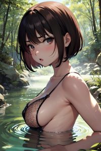 anime,chubby,small tits,30s age,angry face,ginger,bobcut hair style,dark skin,soft anime,forest,close-up view,bathing,fishnet