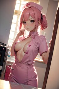 anime,busty,small tits,18 age,serious face,pink hair,bangs hair style,light skin,illustration,underwater,side view,cooking,nurse