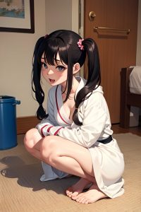 anime,pregnant,small tits,70s age,ahegao face,black hair,pigtails hair style,light skin,watercolor,bedroom,side view,squatting,bathrobe