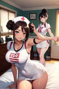 anime,skinny,huge boobs,20s age,happy face,brunette,hair bun hair style,light skin,illustration,bedroom,front view,working out,nurse