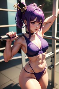 anime,muscular,small tits,60s age,pouting lips face,purple hair,bangs hair style,dark skin,3d,prison,front view,working out,geisha