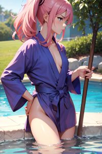 anime,muscular,small tits,50s age,angry face,pink hair,straight hair style,dark skin,crisp anime,wedding,side view,bathing,bathrobe