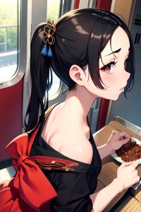 anime,chubby,small tits,40s age,sad face,black hair,pigtails hair style,light skin,warm anime,train,back view,cooking,geisha