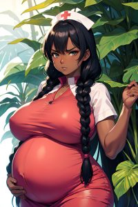 anime,pregnant,huge boobs,70s age,angry face,black hair,braided hair style,dark skin,illustration,jungle,close-up view,on back,nurse