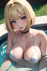 anime,busty,small tits,60s age,serious face,blonde,bobcut hair style,light skin,soft + warm,hot tub,close-up view,cooking,maid