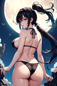 anime,skinny,huge boobs,80s age,ahegao face,black hair,pigtails hair style,light skin,black and white,moon,back view,jumping,lingerie