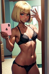 anime,muscular,small tits,70s age,pouting lips face,blonde,bobcut hair style,dark skin,mirror selfie,jungle,front view,jumping,bra