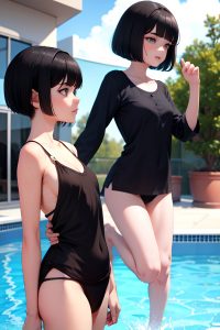 anime,busty,small tits,40s age,pouting lips face,black hair,bobcut hair style,dark skin,3d,pool,side view,jumping,pajamas