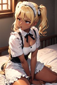 anime,busty,small tits,50s age,angry face,blonde,pigtails hair style,dark skin,soft + warm,prison,side view,spreading legs,maid